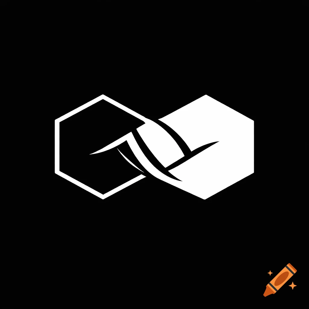 Abstract black and white logo with two intertwined hexagonal shapes and swirling lines on a black background.