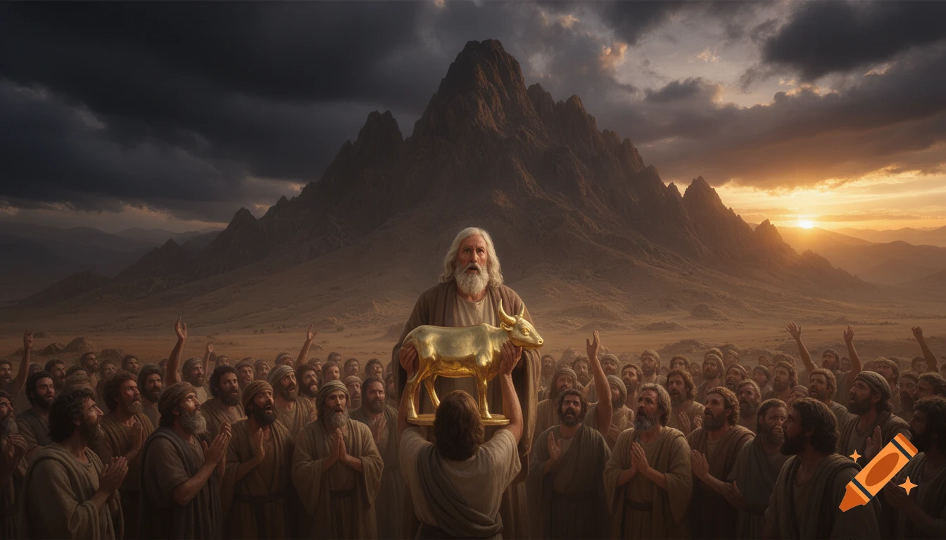 Moses and another man present a golden calf idol to a large crowd raising hands in worship, set against a desert mountain range with a dramatic sky at sunset.