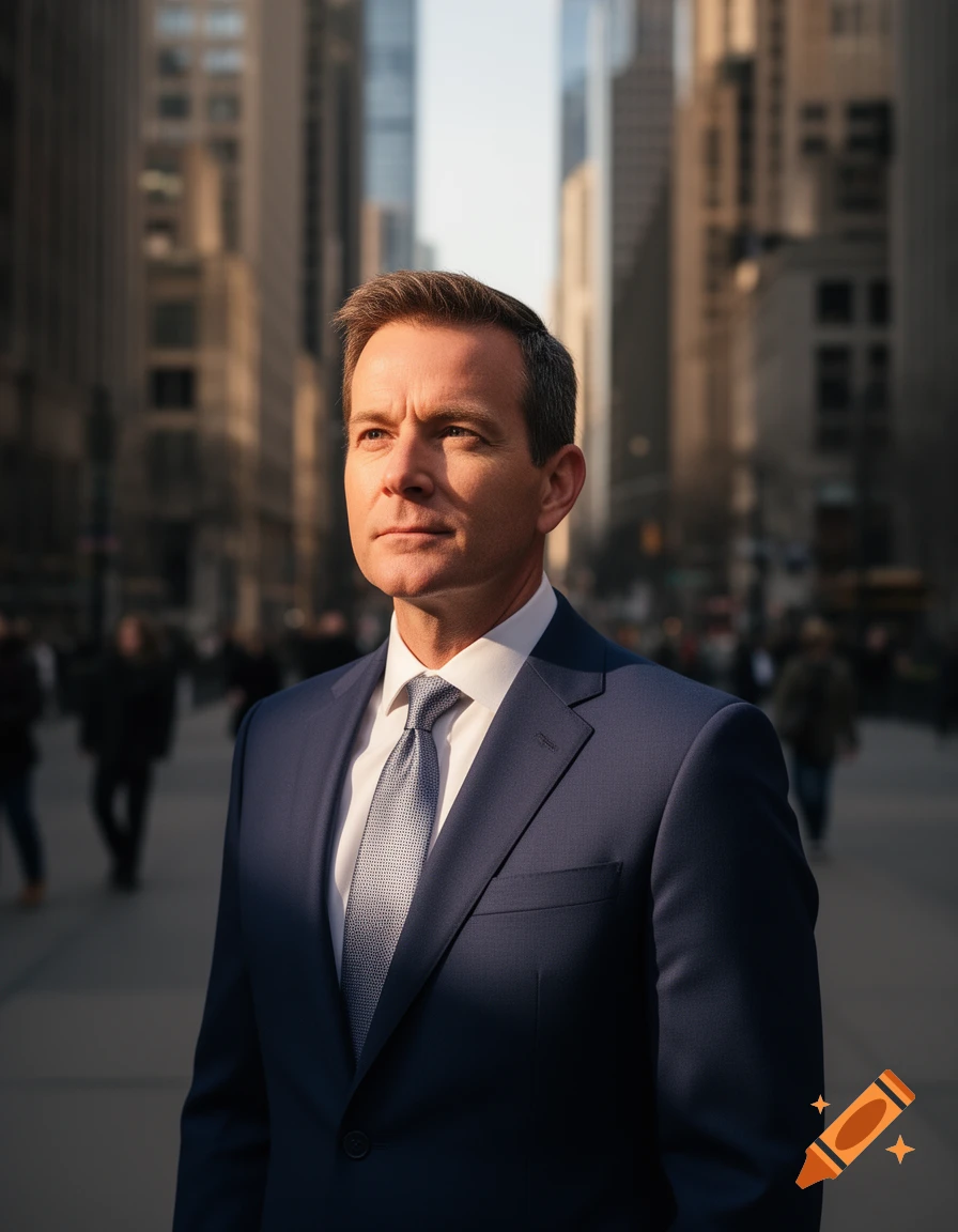 A man in a blue suit and tie stands on a city street, looking up into ...