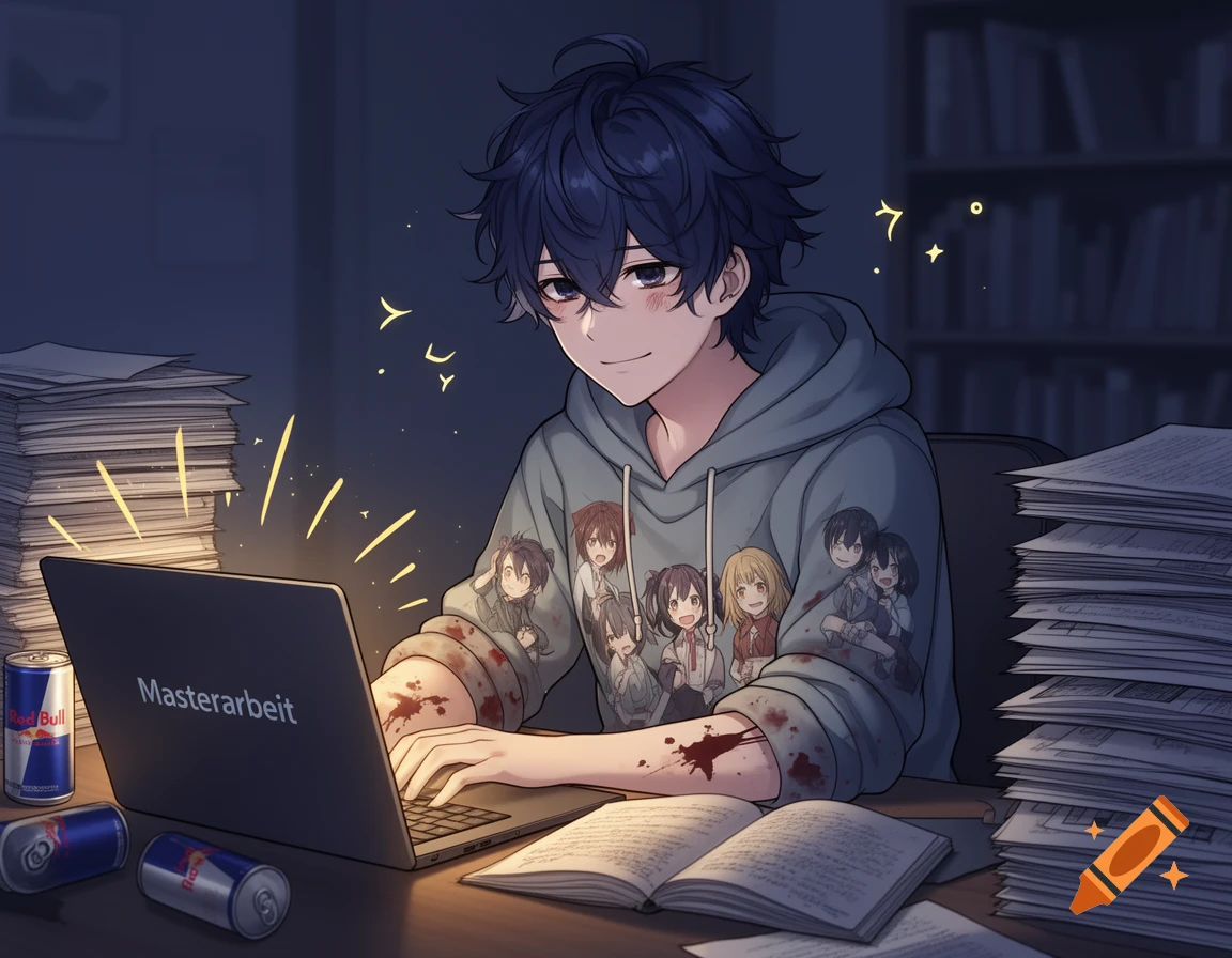 An anime-style young man with dark blue hair works late at night on a laptop with 'Masterarbeit' on screen, surrounded by papers and Red Bull cans. Blood splatters are on his grey hoodie.