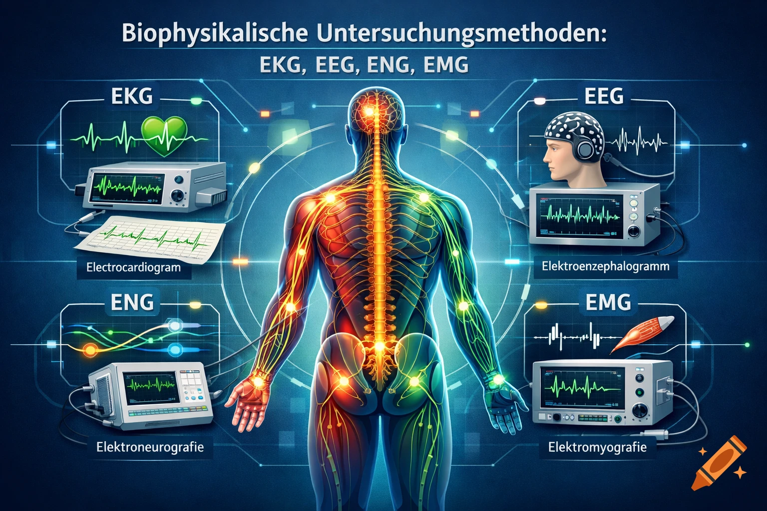 Medical diagram of human nervous system with EKG, EEG, ENG, and EMG examination methods.