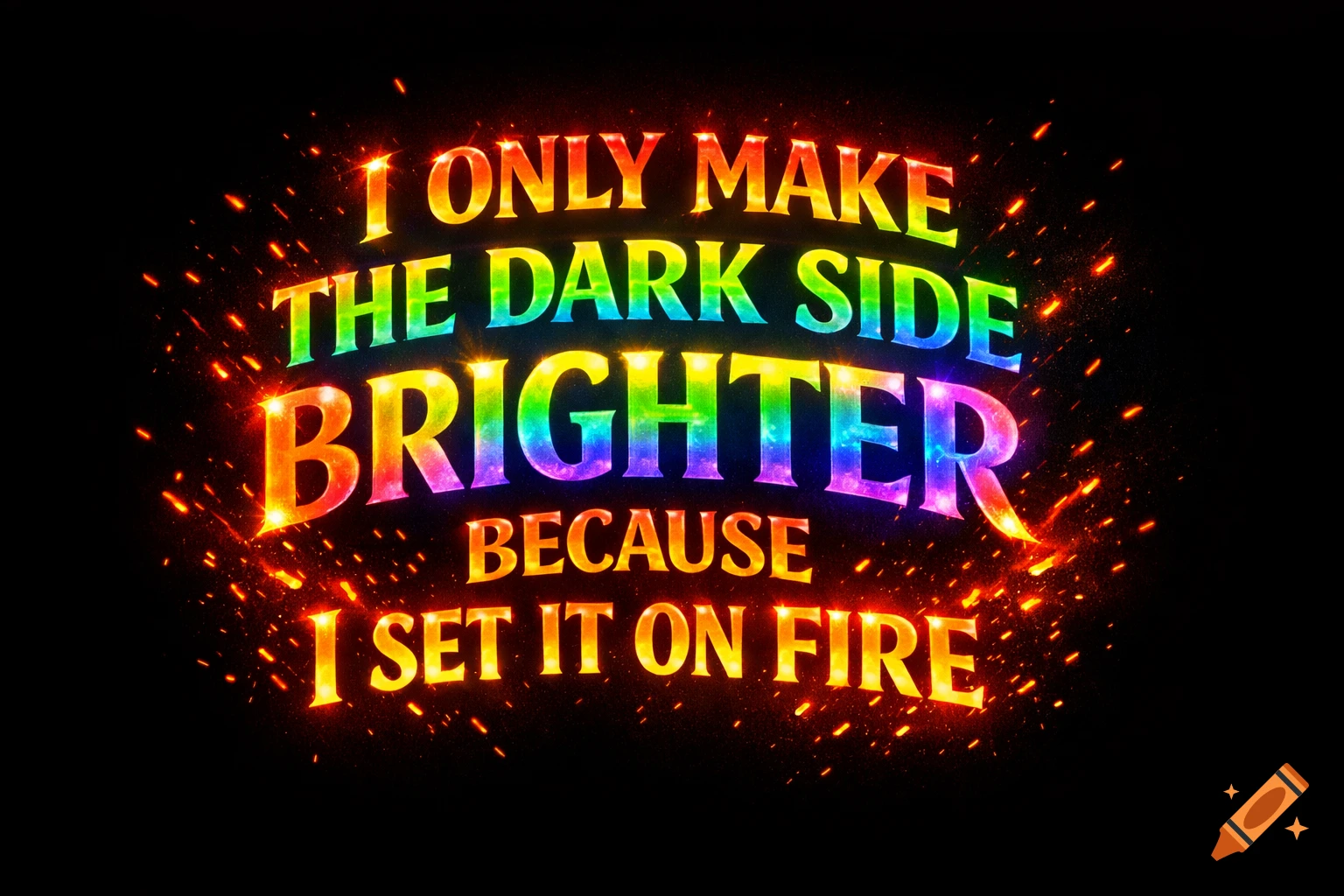 Rainbow-colored text with fiery sparks reads: 'I only make the dark side brighter because I set it on fire' on a black background.
