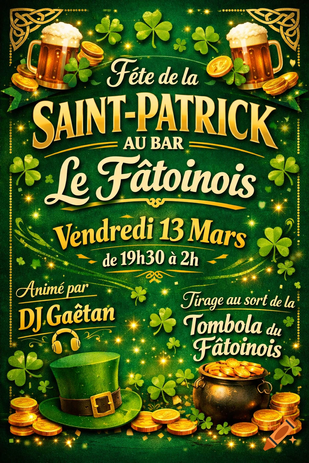 A vibrant green St. Patrick's Day event poster featuring shamrocks, gold coins, beer mugs, a leprechaun hat, and event details in French.