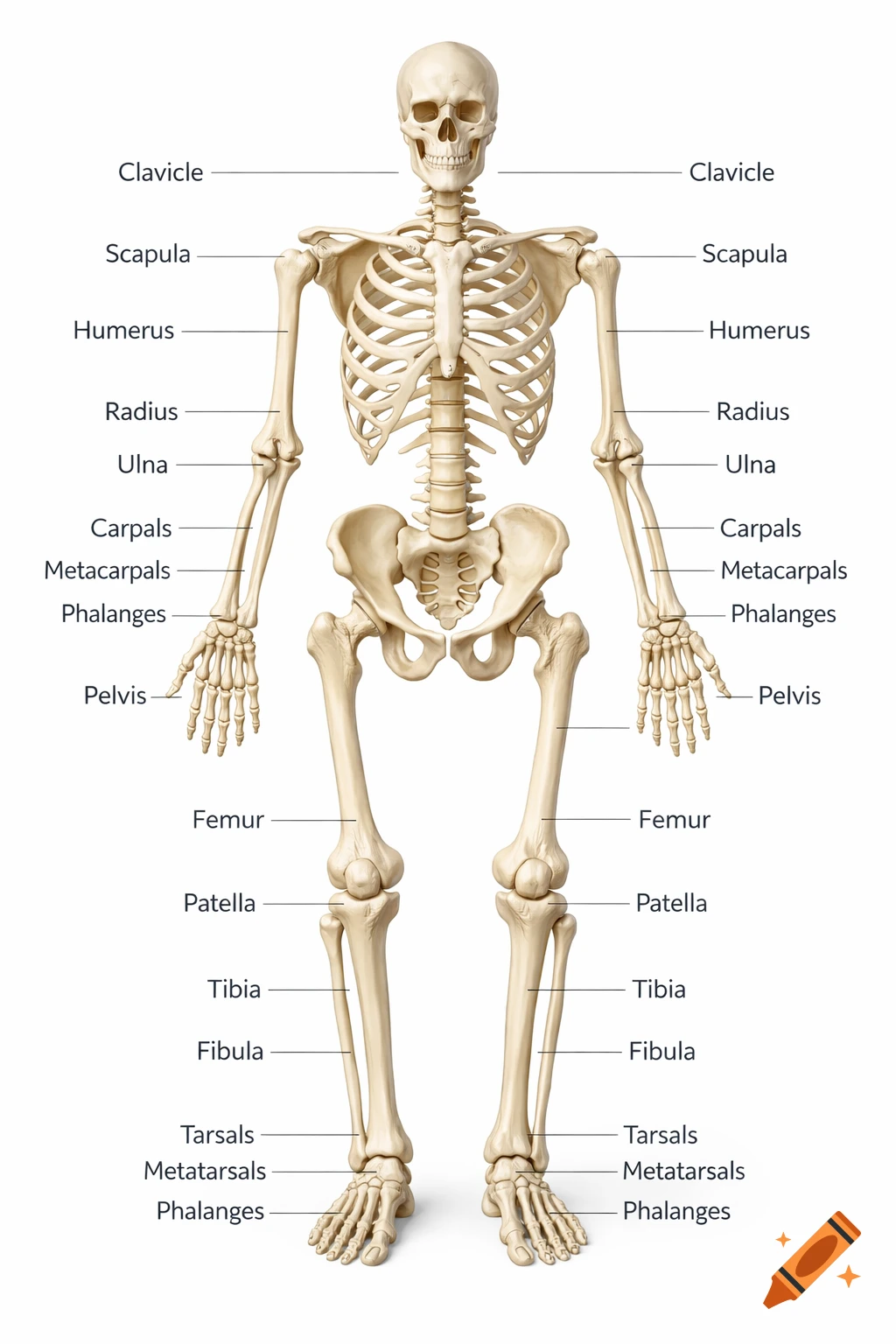 Front view of a human skeletal system with major bones like clavicle, humerus, pelvis, and femur labeled clearly.