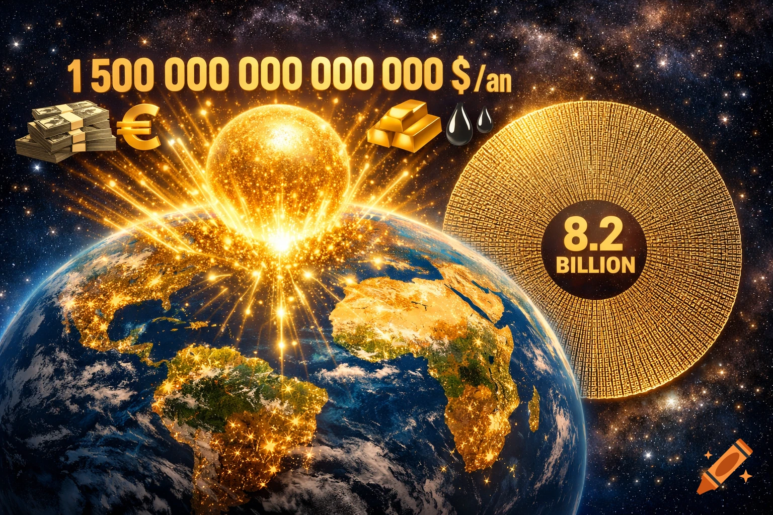 Photorealistic Earth in space with glowing financial symbols and text '1 500 000 000 000 000 $/an' and '8.2 BILLION'.