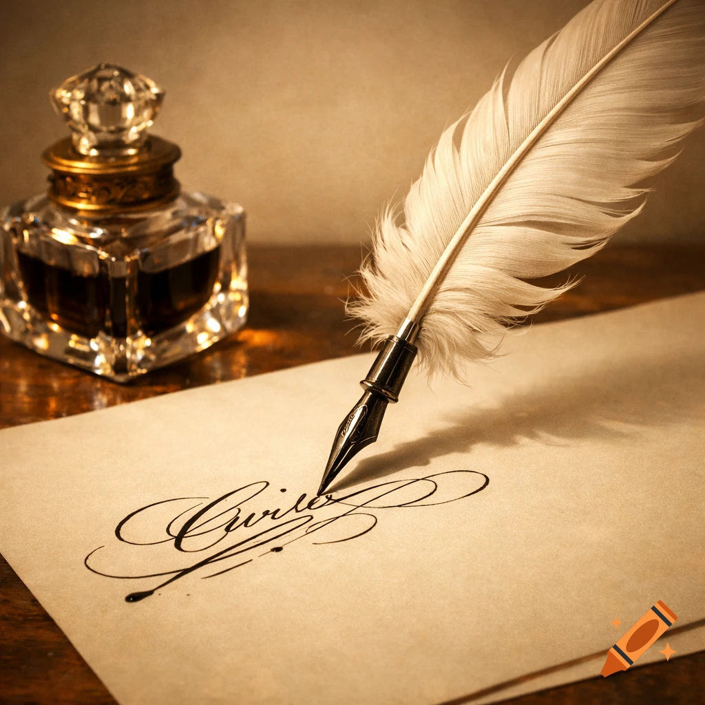 Photorealistic image of a quill pen writing a signature on parchment, with an ornate inkwell beside it.