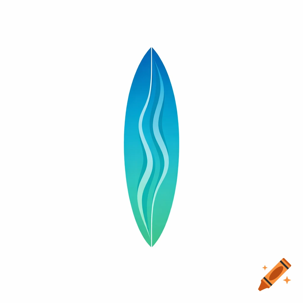 A minimalist surfboard logo with blue and green gradients and wavy lines.