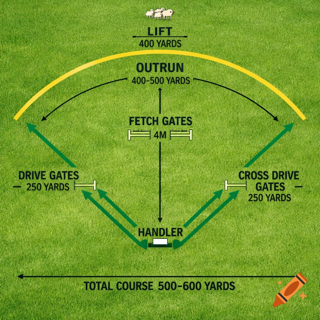 A top-down diagram of a sheepdog trial course on a green grass field, showing paths, gates, distances, and sheep and handler positions.