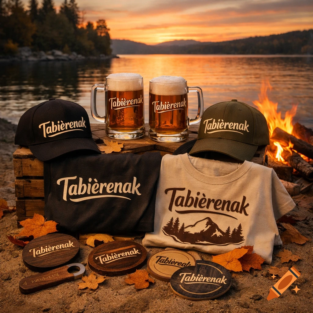 Beer mugs and branded merchandise, including caps, t-shirts, and coasters, displayed by a campfire at a lake during sunset, photorealistic.
