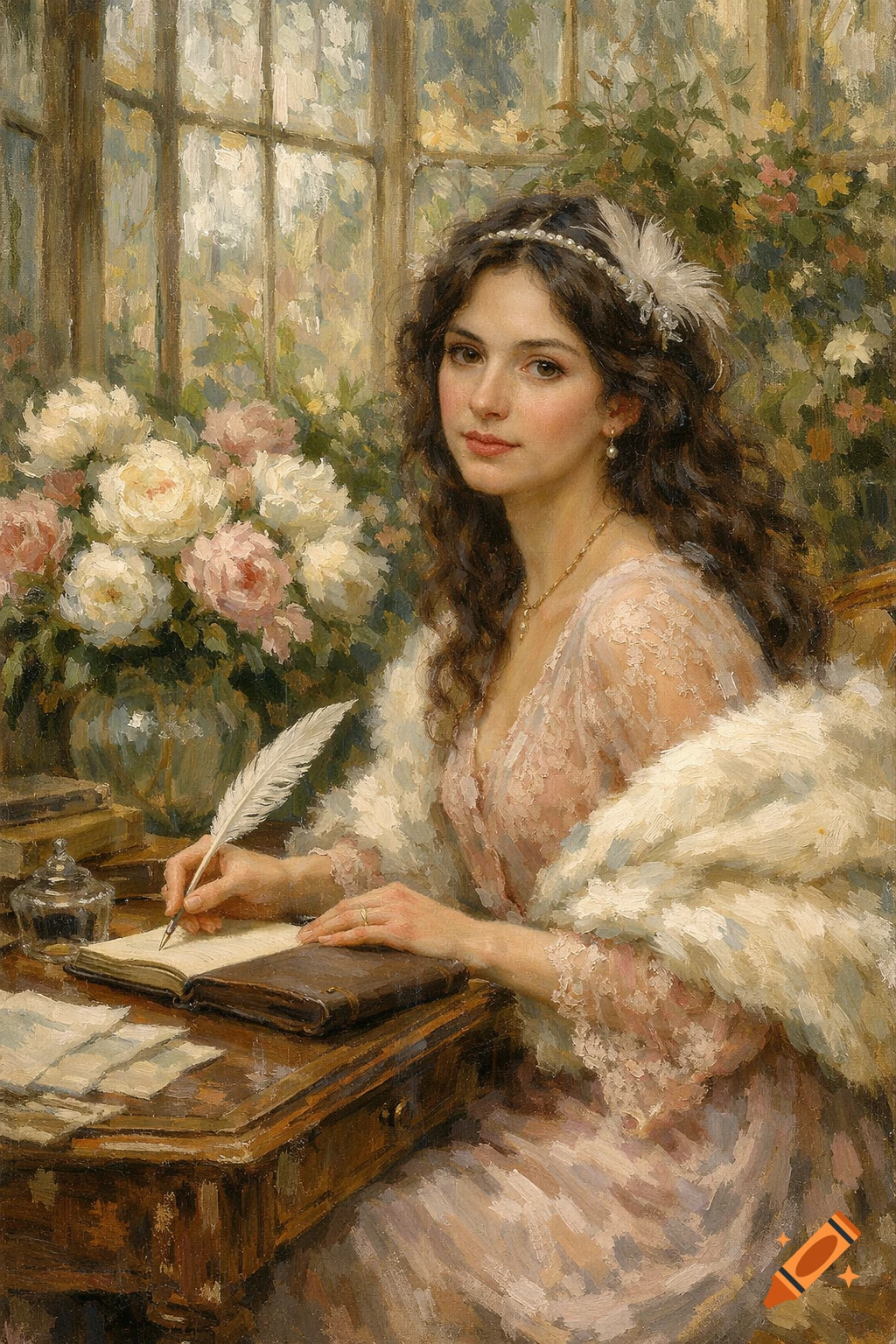 An impressionist oil painting of a serene woman writing with a quill at a vintage desk, surrounded by flowers in a winter garden.
