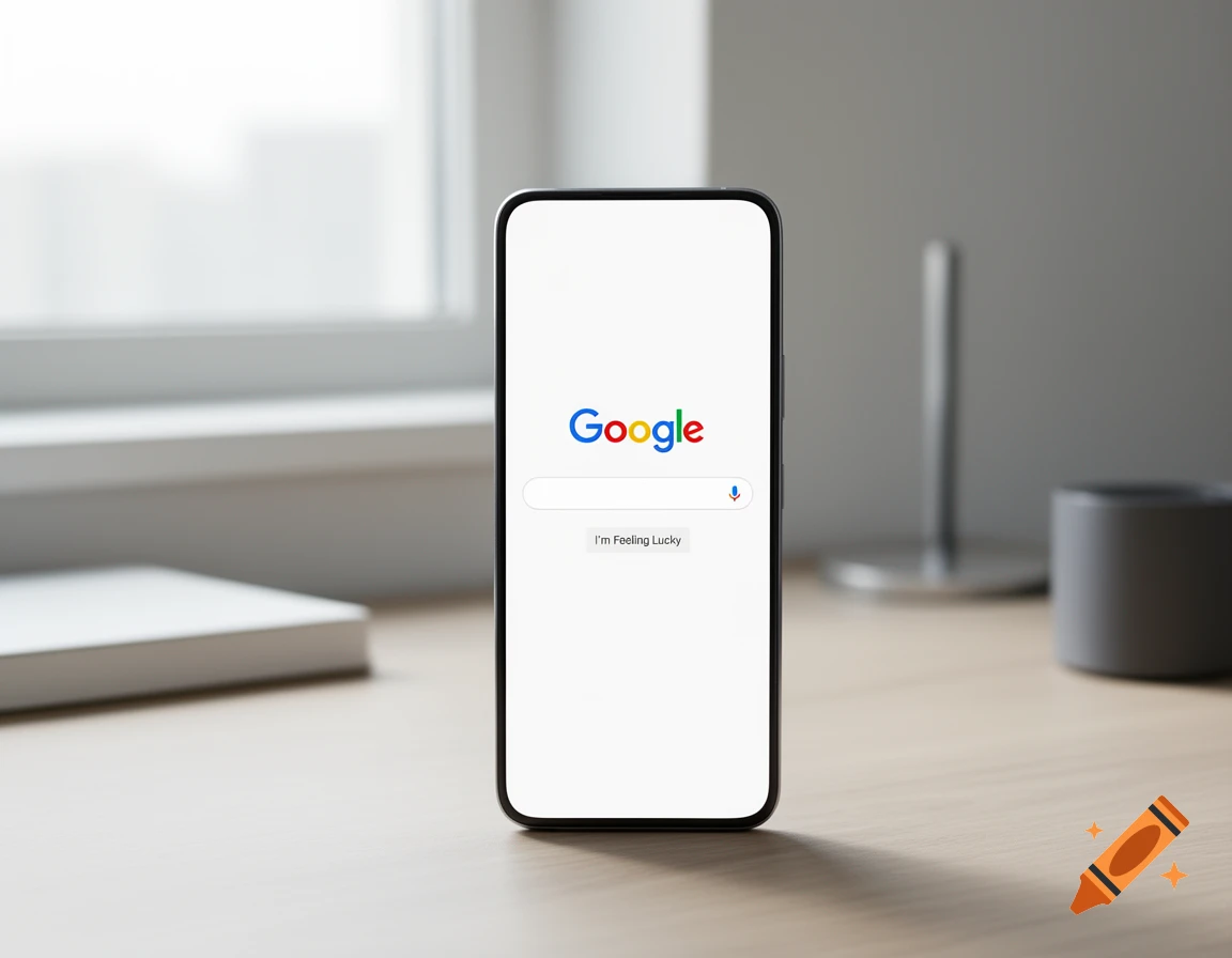 A black smartphone with the Google search page displayed on its screen, resting upright on a light wooden desk near a window. Photorealistic style.