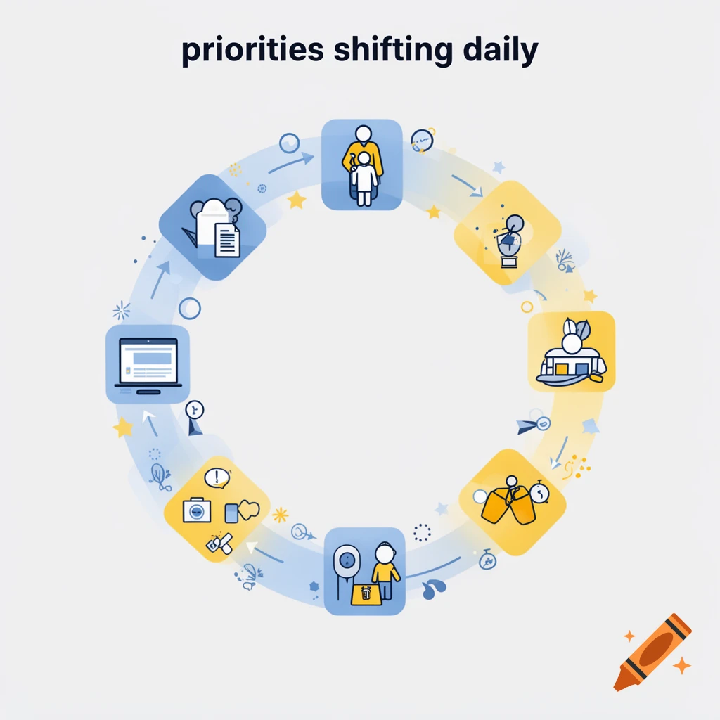 An infographic with a circular flow of icons representing daily activities and responsibilities, titled "priorities shifting daily".