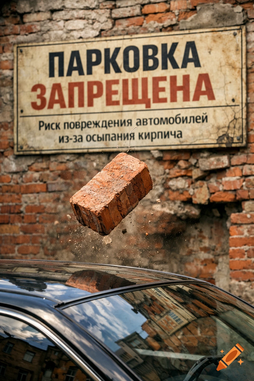 A photorealistic image of a brick falling onto a black car, set against a crumbling brick wall with a warning sign.