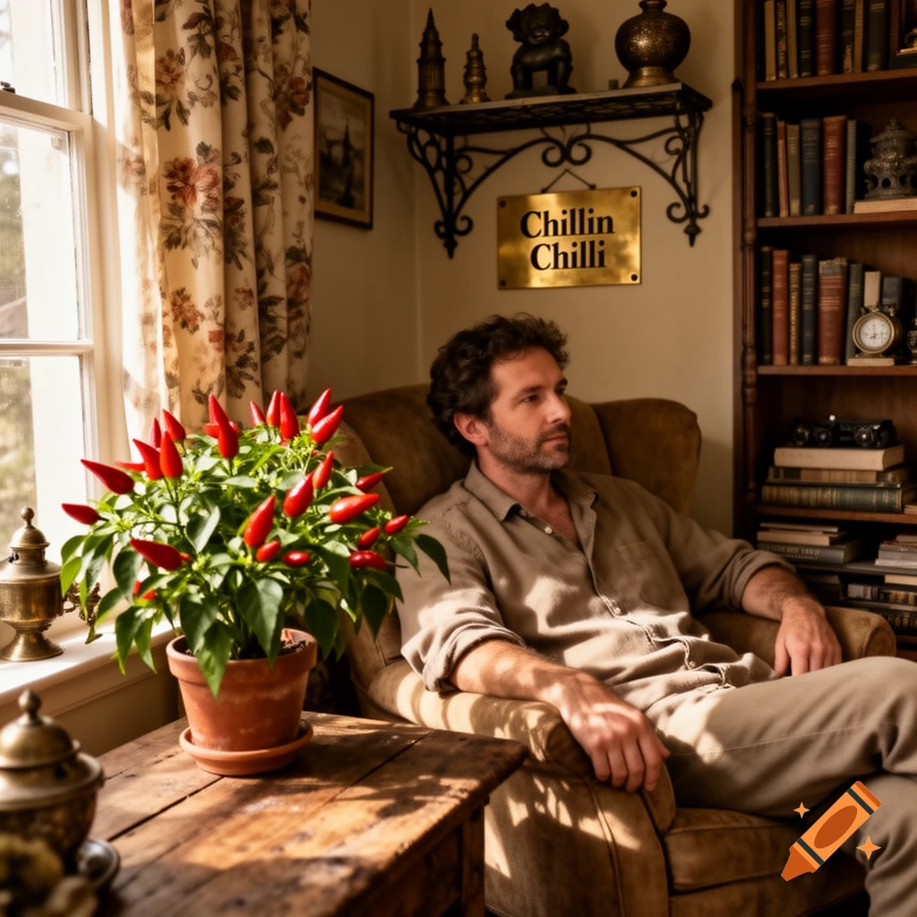 A man relaxes in an armchair by a window, a vibrant potted chili plant on a wooden table in the foreground. Photorealistic.