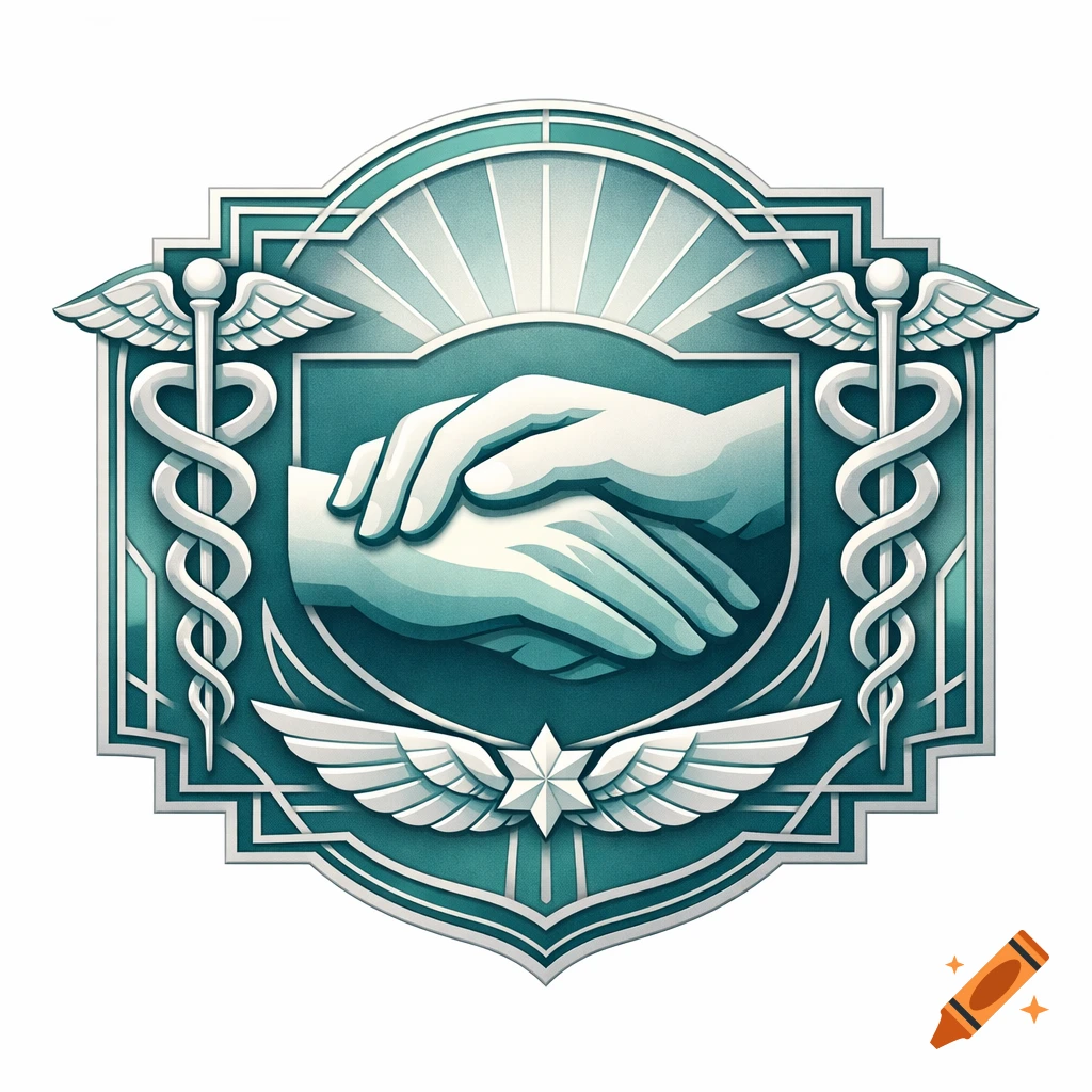 A stylized teal and white shaded logo featuring two hands shaking, flanked by Caduceus symbols and a winged star.