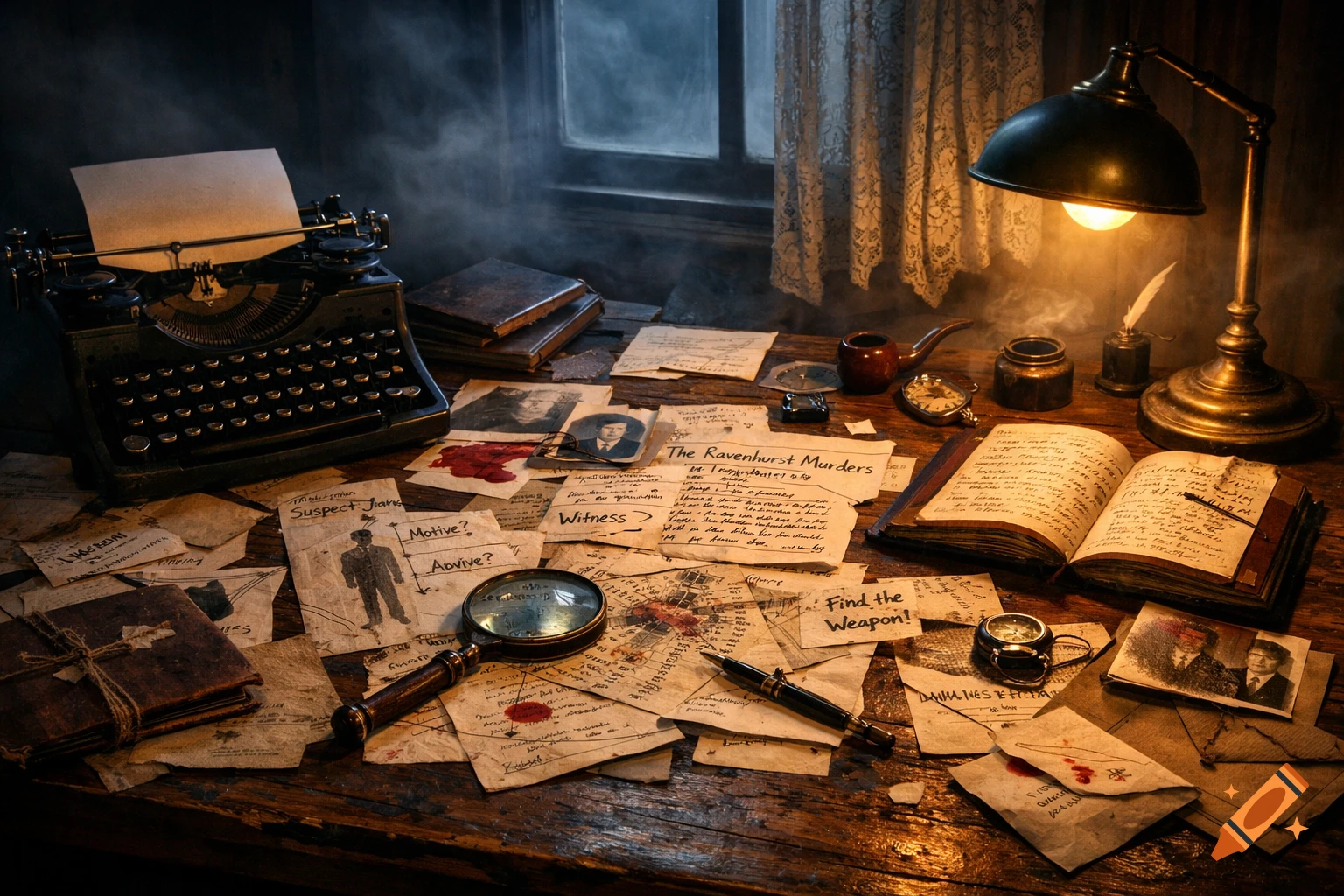 A vintage detective's desk is cluttered with notes, a typewriter, a magnifying glass, an open book, and a lamp in a dark, atmospheric setting.
