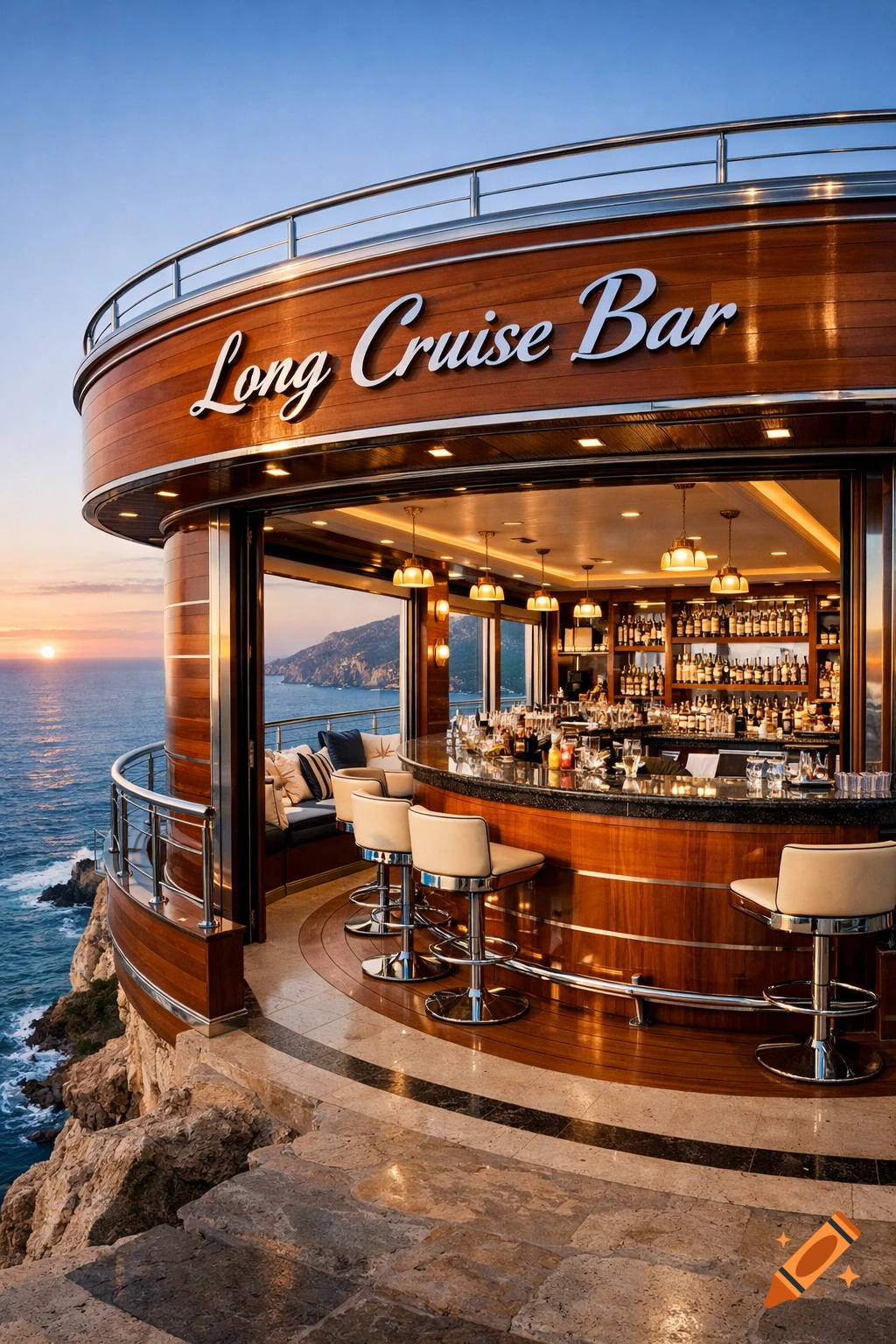 A luxurious 'Long Cruise Bar' on a cliff overlooking the ocean at sunset, featuring a polished bar and comfortable seating.