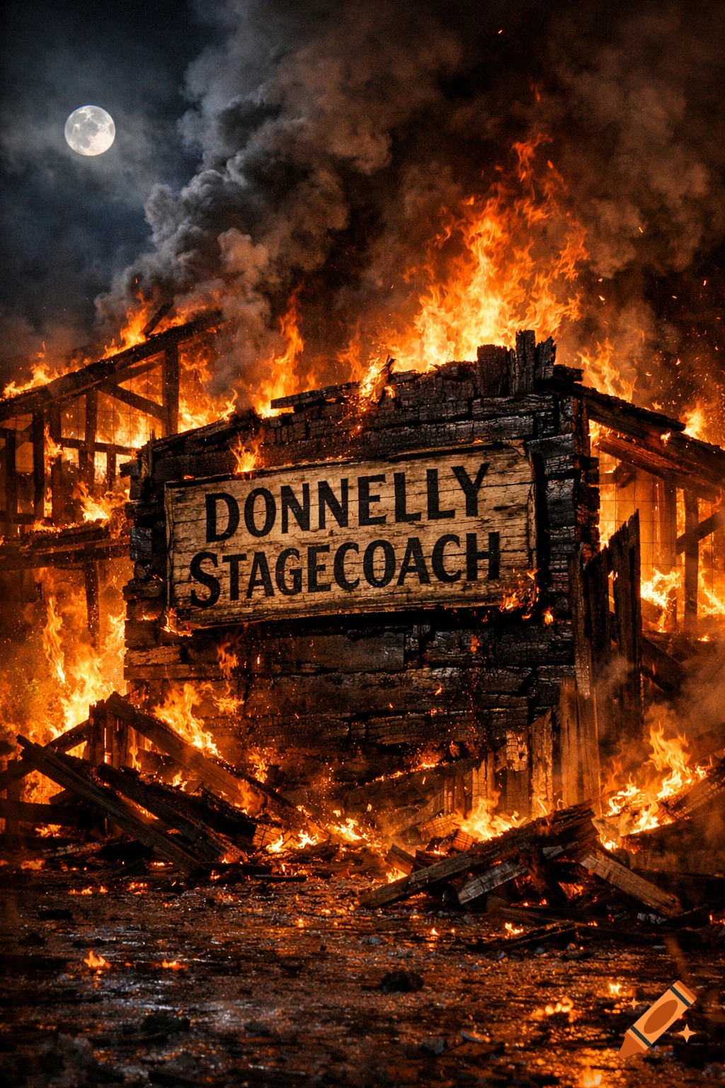 A wooden building, a stagecoach office, is consumed by raging fire and smoke under a full moon at night. The sign reads "DONNELLY STAGECOACH".
