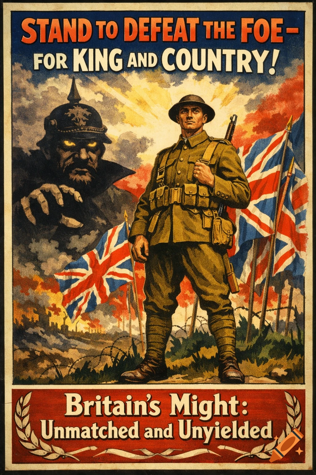 A vibrant WWI British propaganda poster with a soldier, Union Jack flags, and a menacing German figure, featuring text about king, country, and Britain's might.