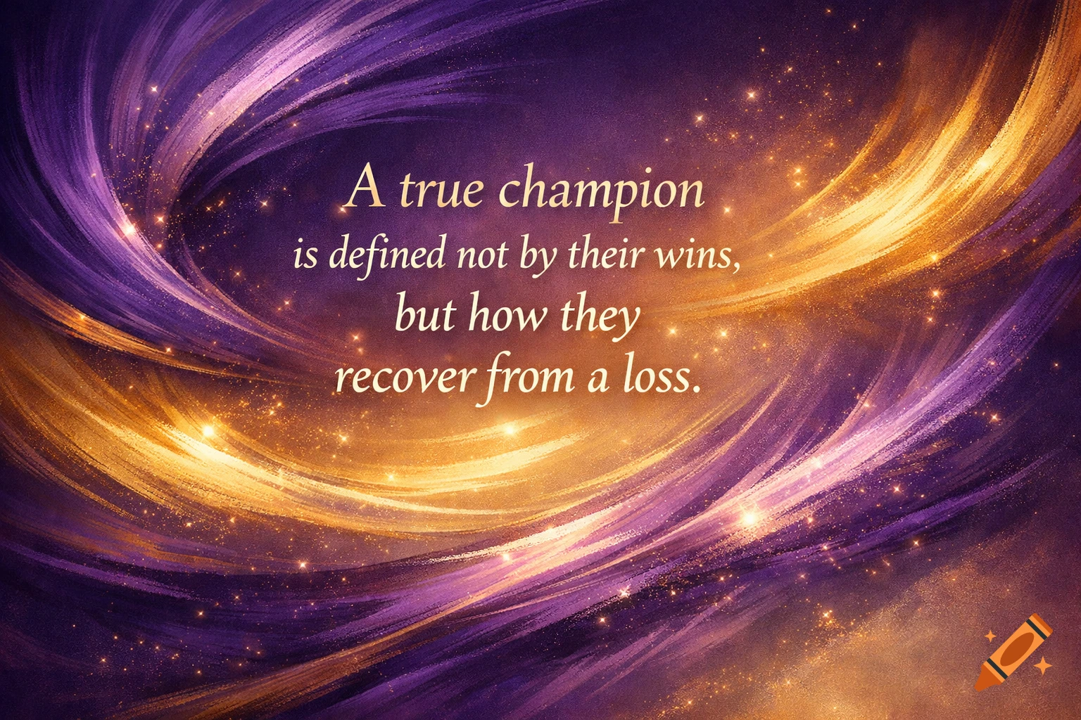 Inspirational quote on an abstract background of swirling purple and gold light with sparkles.