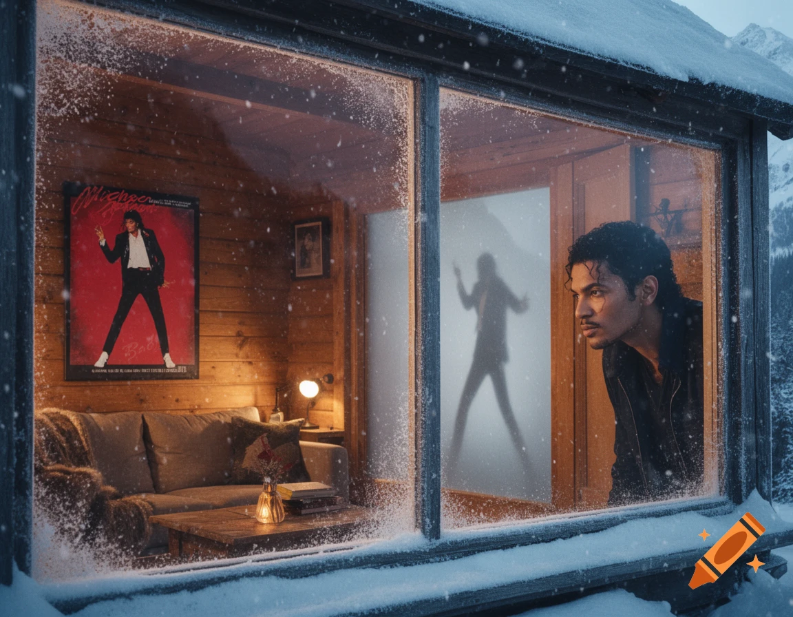 A man peers into a snow-frosted cabin window, revealing a living room with a Michael Jackson 'Bad' poster and a silhouette.
