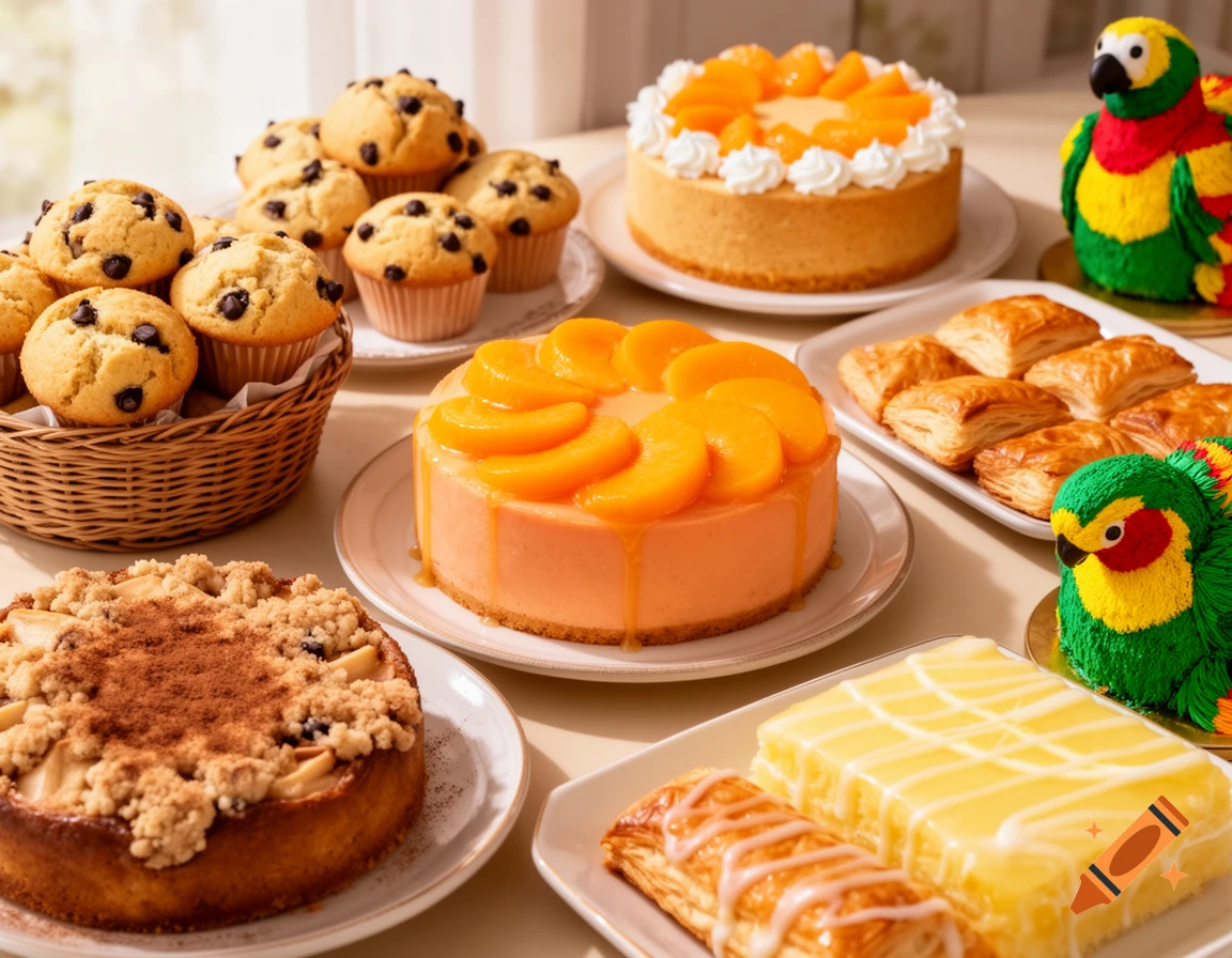 A table laden with an assortment of photorealistic desserts including peach cakes, chocolate chip muffins, apple crumble, and parrot cakes.