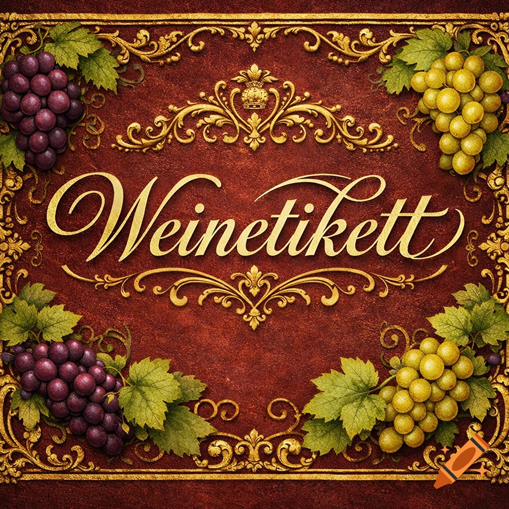 A richly decorated, red and gold vintage-style wine label with the word "Weinetikett" in elegant script, surrounded by bunches of purple and green grapes and leaves.