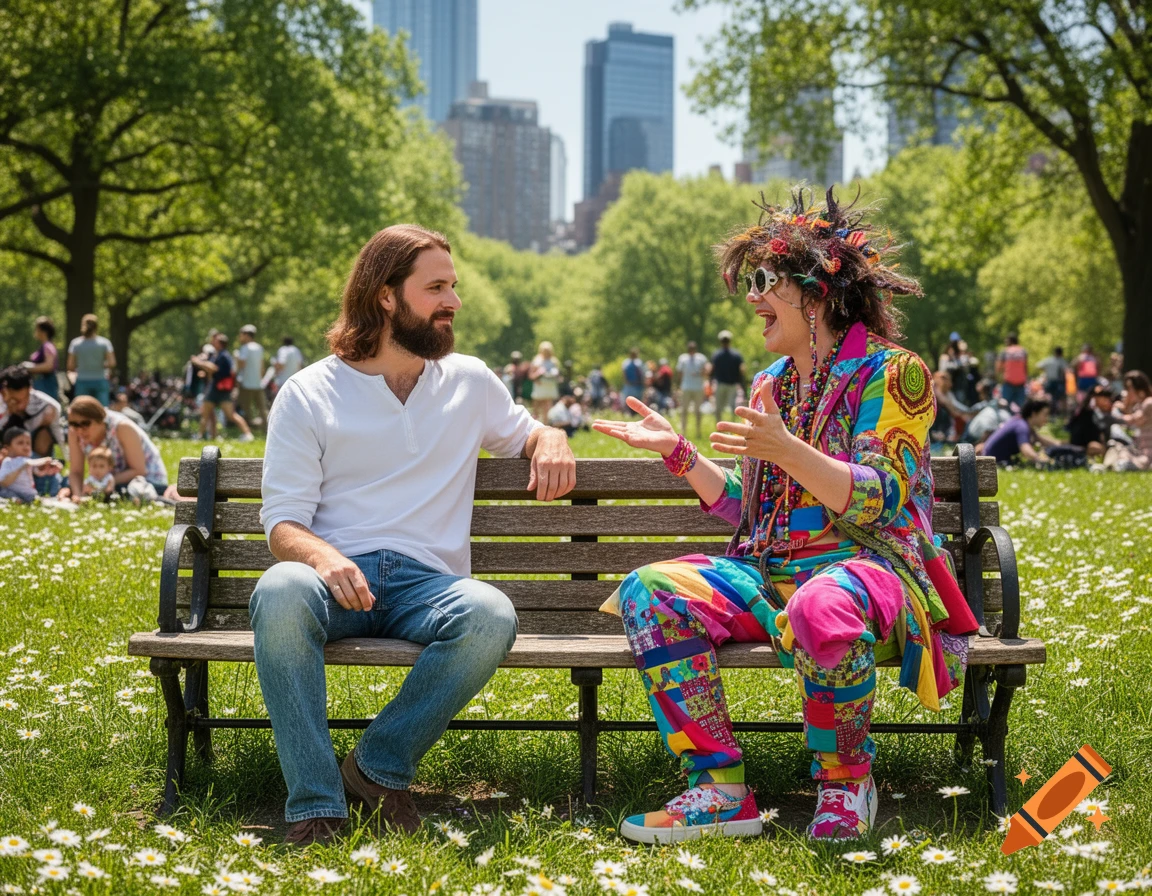 A bearded man and a brightly dressed, animated person talk on a park bench in a sunny park with city buildings behind them.