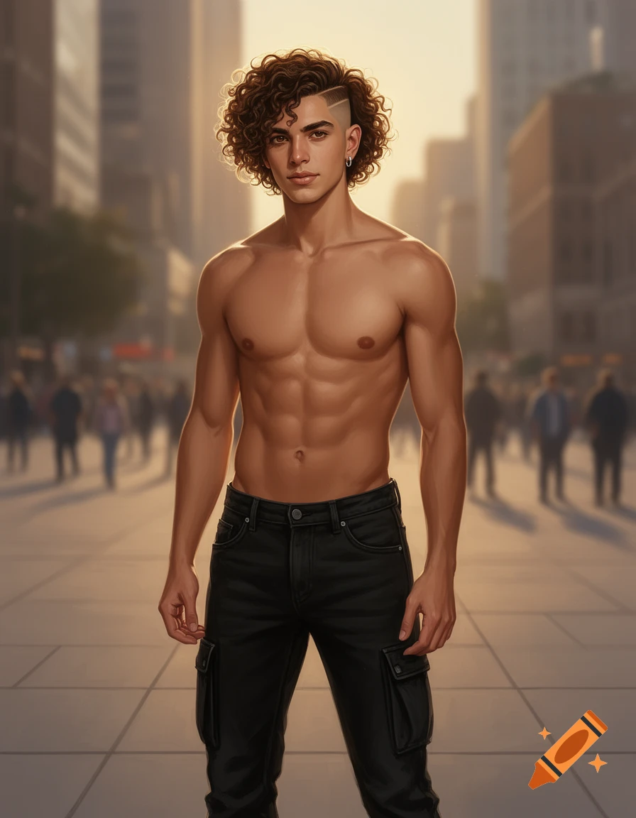 Shirtless muscular man with curly brown hair and black cargo pants standing on an urban street, digital art.