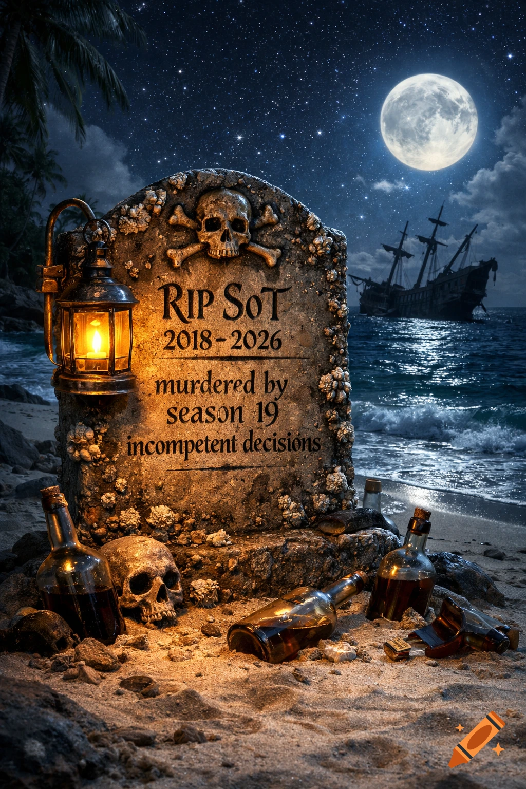 A pirate gravestone with a lamp and rum bottles on a tropical beach at night, a full moon and shipwreck in the background.