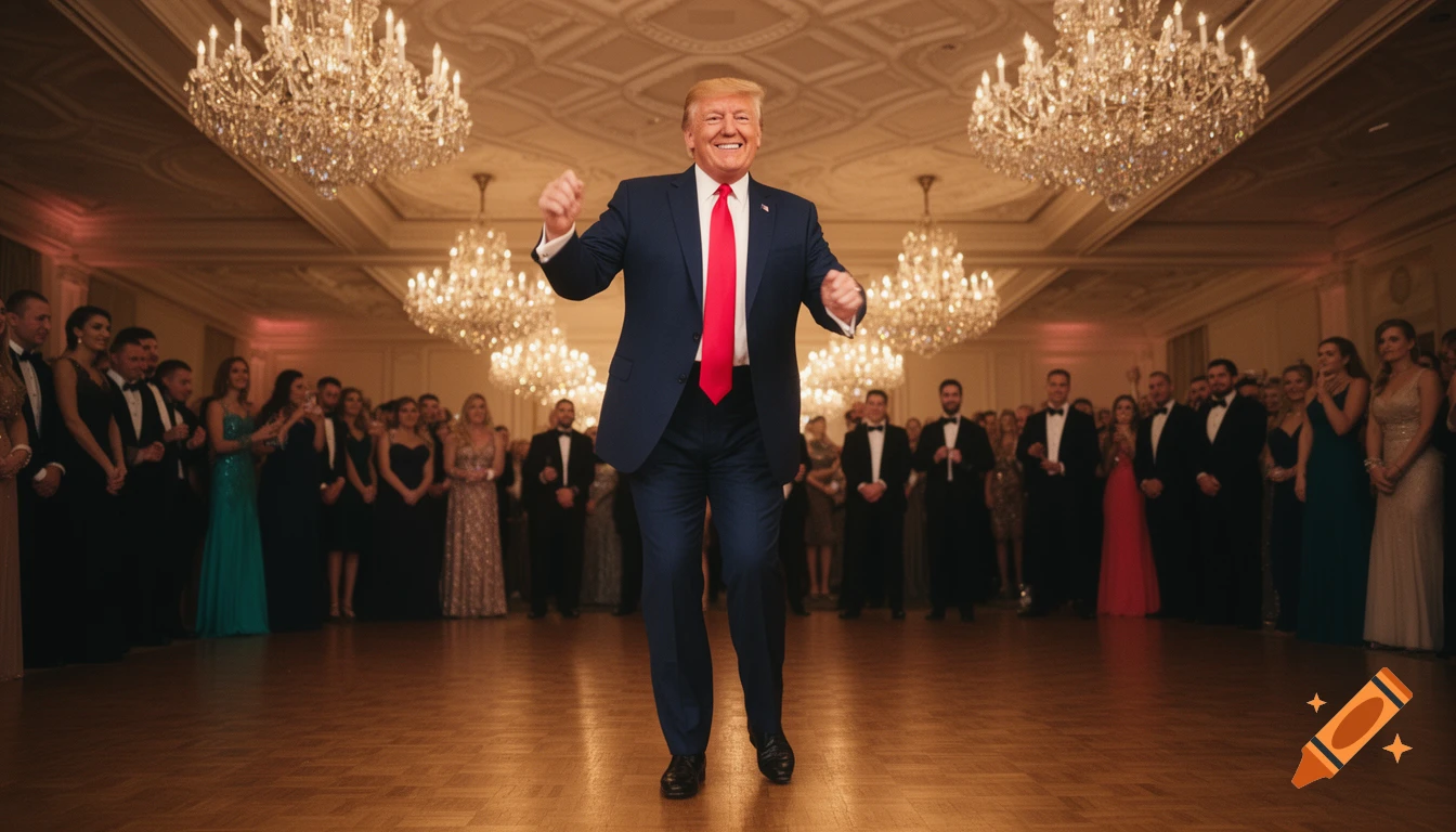 Donald Trump dancing happily in a grand ballroom with many people in formal attire watching him.
