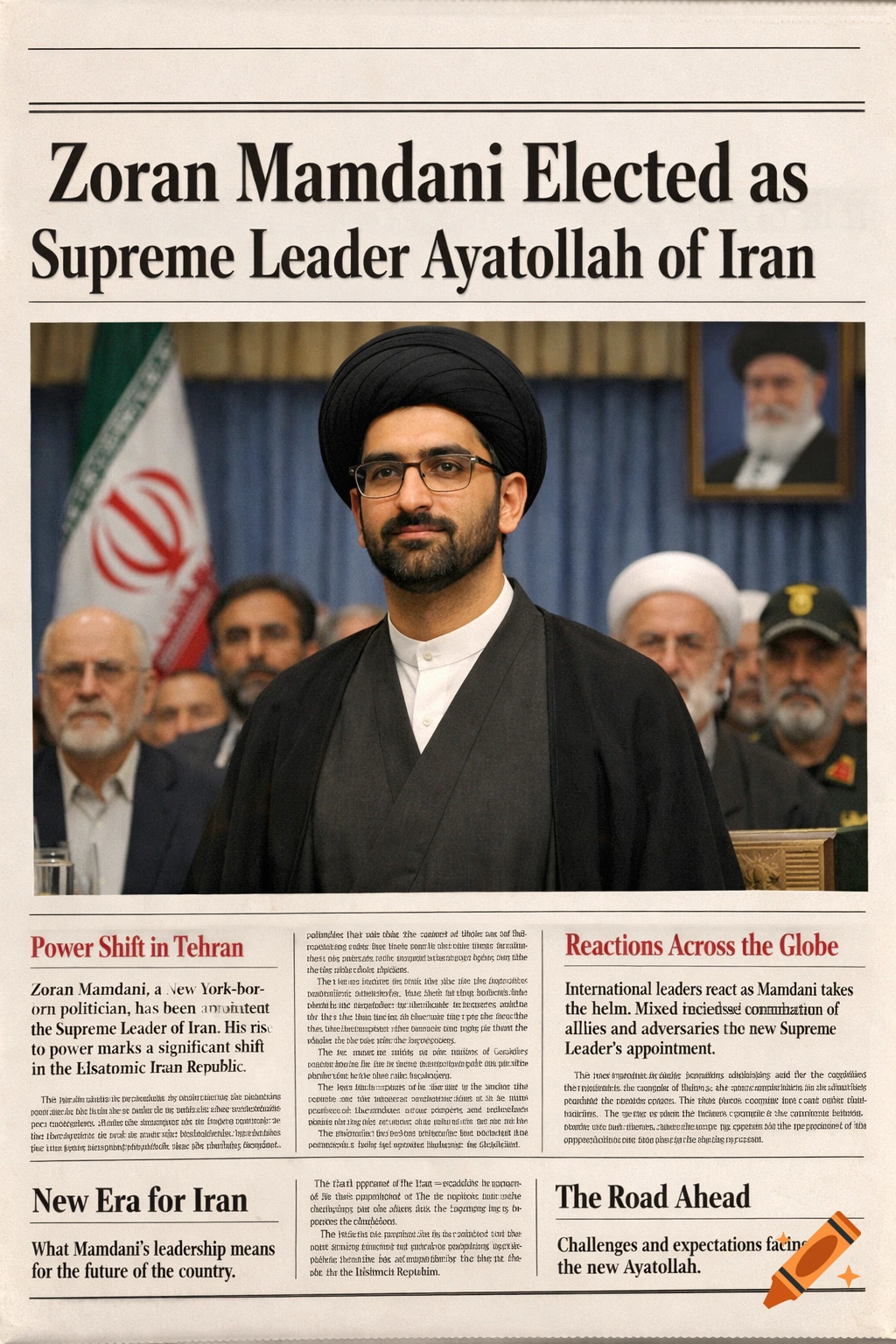 Front page of a newspaper with the headline 'Zoran Mamdani Elected as Supreme Leader Ayatollah of Iran' and a portrait of a man in a turban.