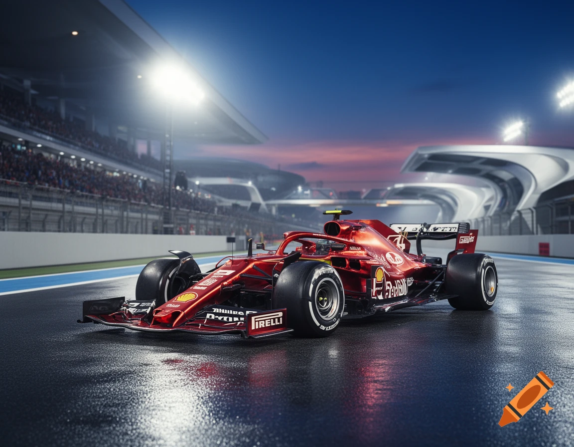 A red Formula 1 race car on a wet track under stadium lights at dusk, with grandstands in the background.