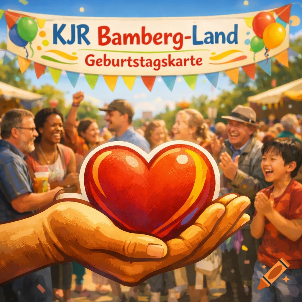 Stylized hand holding a red heart over a joyful crowd at a community celebration. A banner reads "KJR Bamberg-Land Geburtstagskarte".