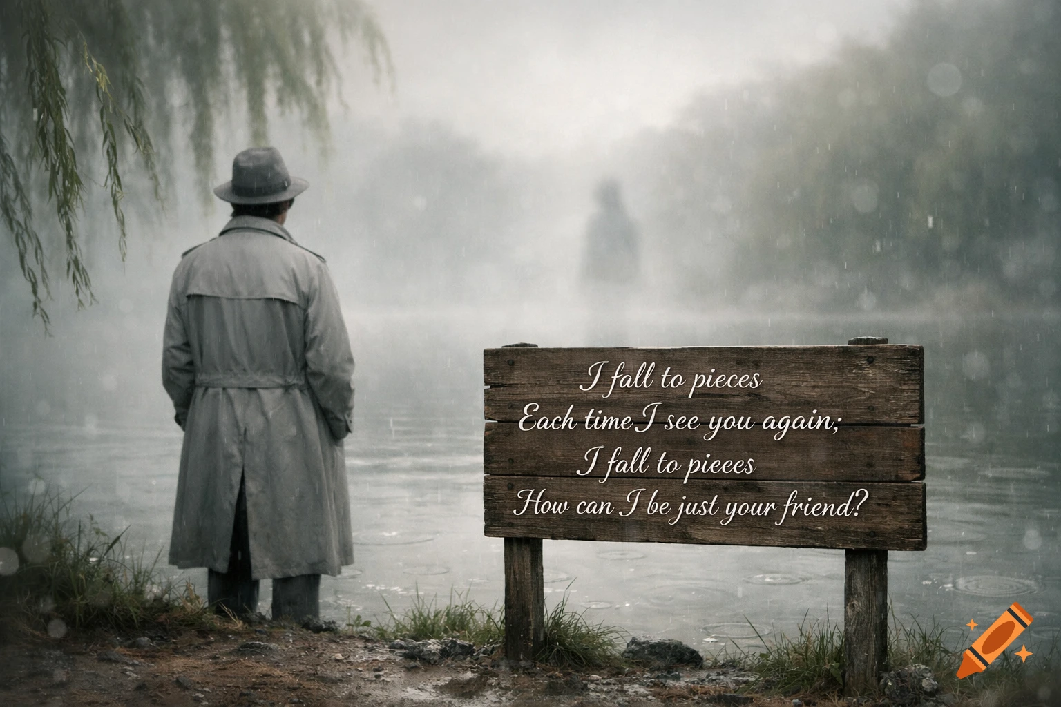 A person in a trench coat and hat stands by a misty lake in the rain, looking towards a wooden sign with a melancholic poem.