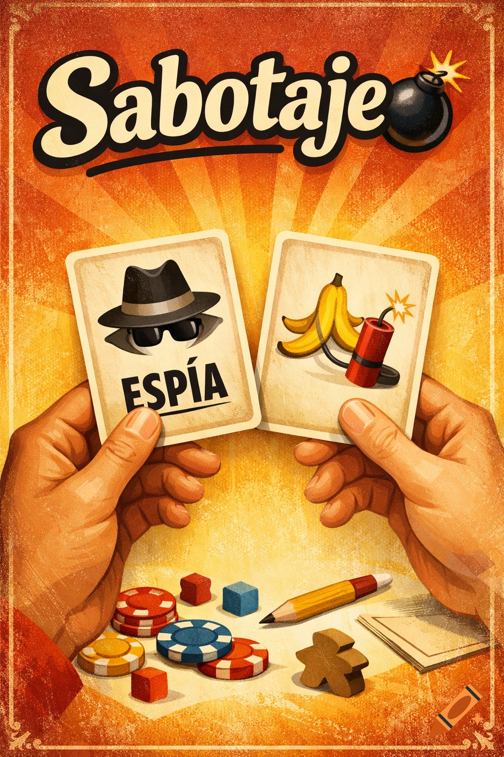Vintage-style game cover for Sabotaje with hands holding a spy card and a dynamite card, surrounded by game pieces on an orange sunburst background.