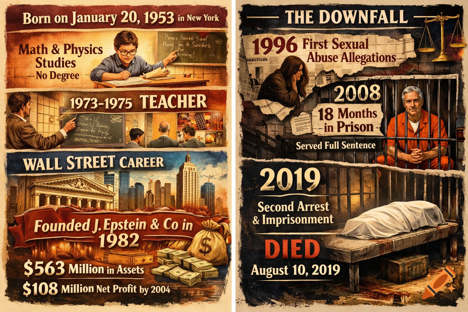 A two-panel timeline infographic about Jeffrey Epstein's life, showing his birth, career on Wall Street, and legal troubles leading to his death in prison, with illustrations for each stage.