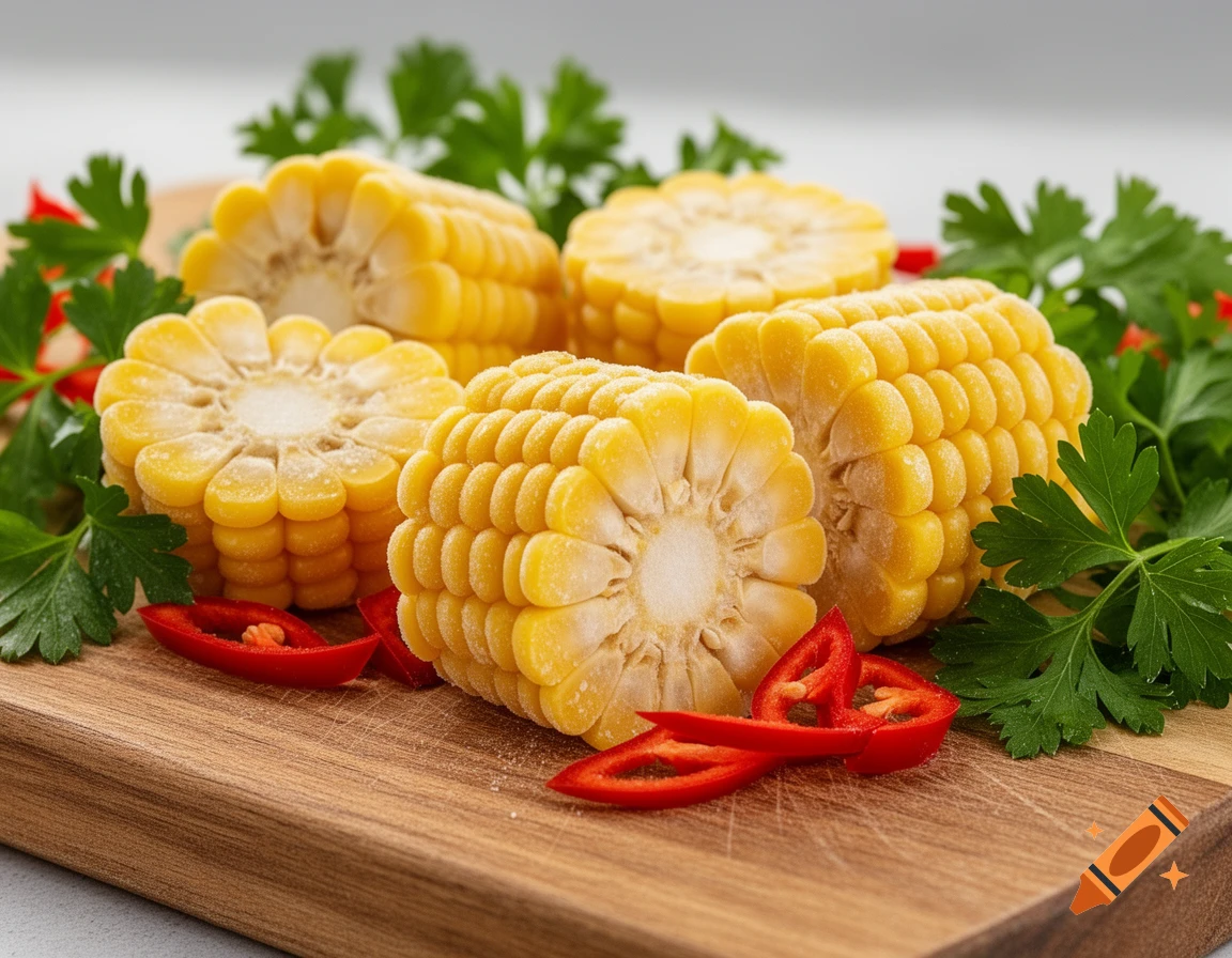 Close-up photo of frozen corn segments on a wooden cutting board with red chili slices and green herbs.