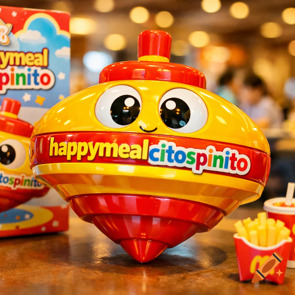 A yellow and red spinning top toy with a happy face and "happymealcitospinito" text, next to a McDonald's fries container.
