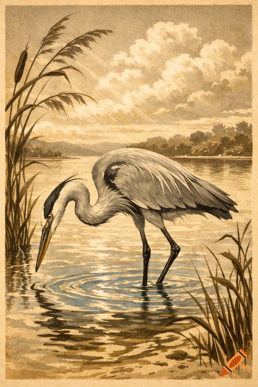 A vintage illustration of a grey heron wading in water, head bent down as if fishing, with reeds and a cloudy sky.