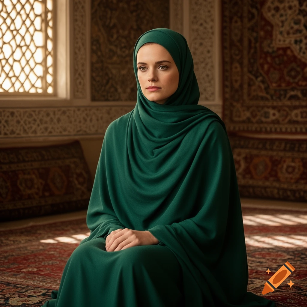 A photorealistic portrait of a woman wearing a green hijab and dress, kneeling on a patterned rug in a sunlit room with decorative walls.