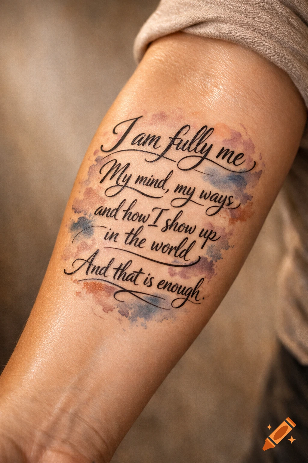 Close-up of an arm with a calligraphic tattoo reading 'I am fully me My mind, my ways and how I show up in the world And that is enough' accented with watercolor splashes.