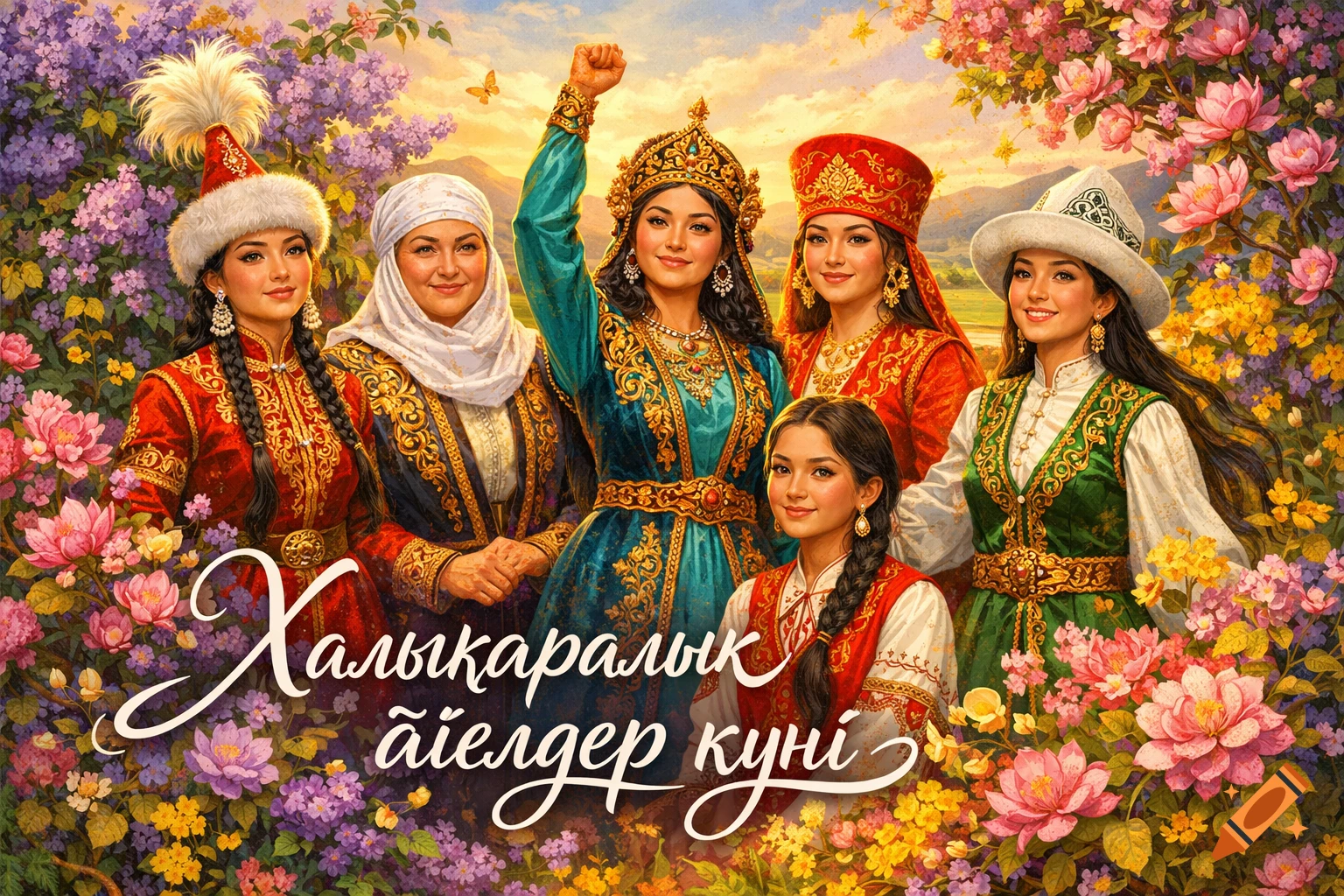 Illustration of six Kazakh women in traditional attire, smiling among vibrant flowers, with 'International Women's Day' in Kazakh text.