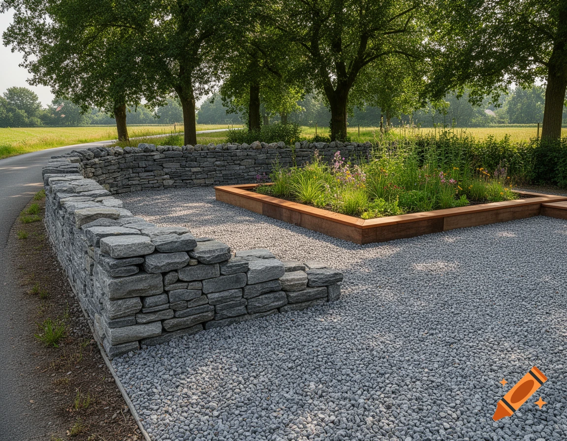 A stone wall curves around a gravel path and a rectangular wooden planter filled with flowers and plants, next to a road.