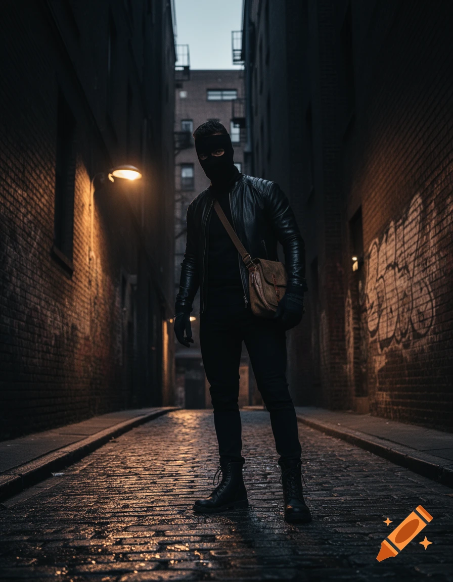 A person in a black balaclava, leather jacket, and dark clothing stands in a dimly lit, wet urban alley with brick walls.