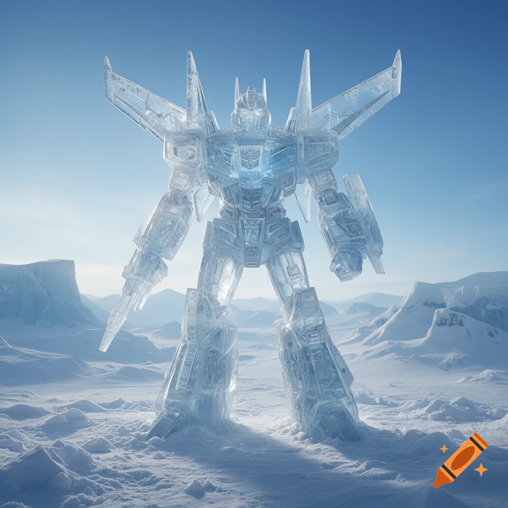 A giant crystalline ice robot, resembling a Transformer, stands in a ...