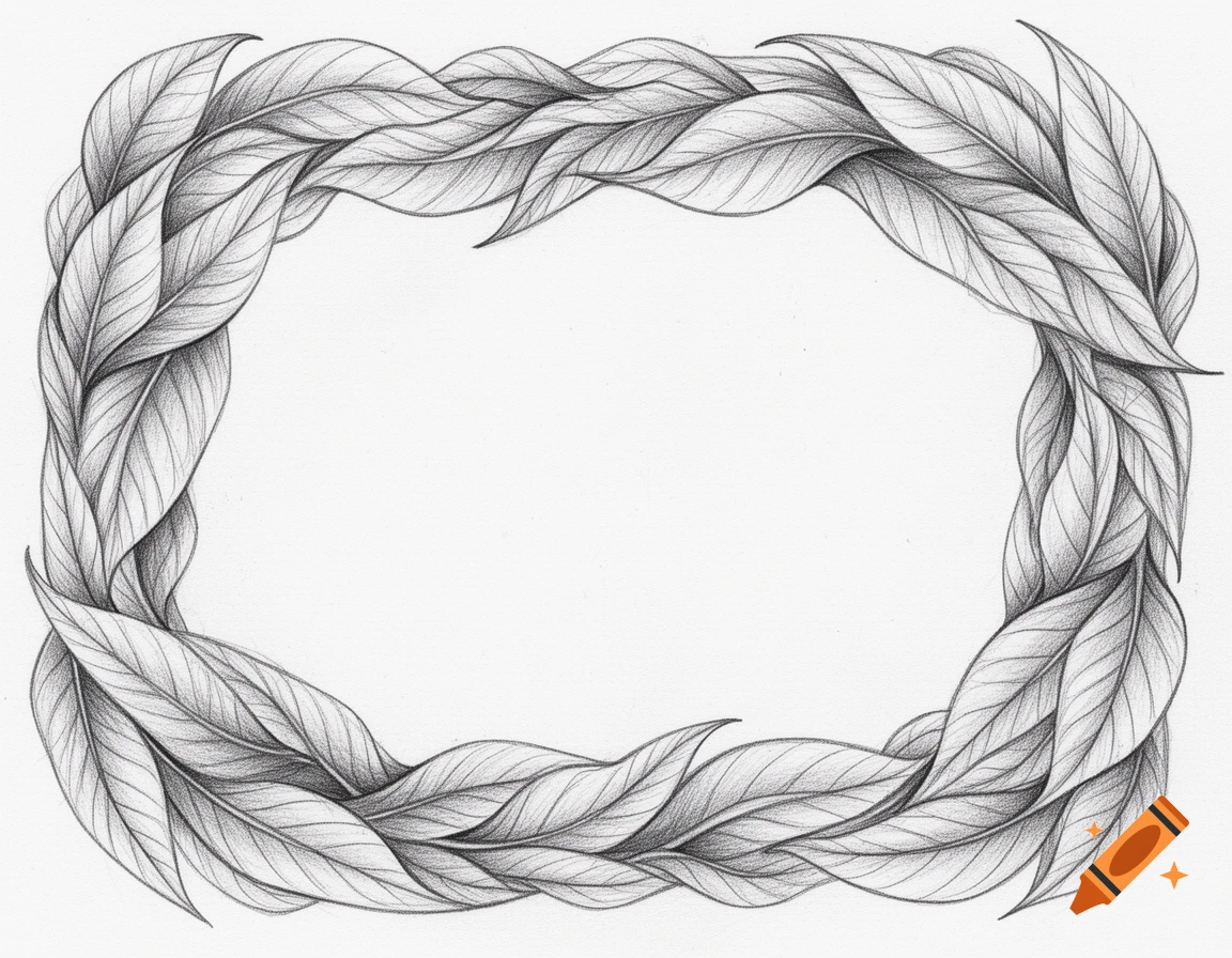 A grayscale sketch of intertwined leaves forming a rectangular page border.