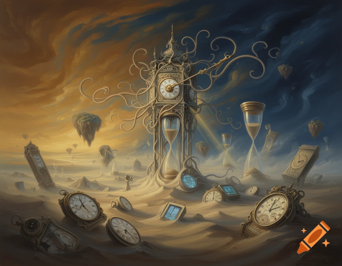 A surreal desert landscape where a colossal, ornate grandfather clock with tangled vines emerges from the sand, surrounded by various pocket watches, hourglasses, and floating islands. The sky transitions from warm orange to deep blue.
