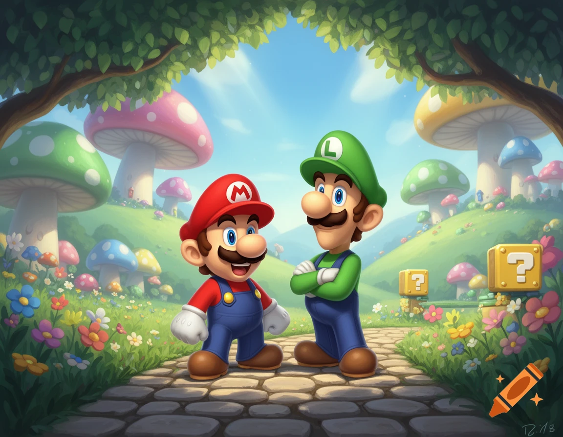 Mario and Luigi stand on a cobblestone path in a colorful, whimsical mushroom kingdom landscape with question blocks.
