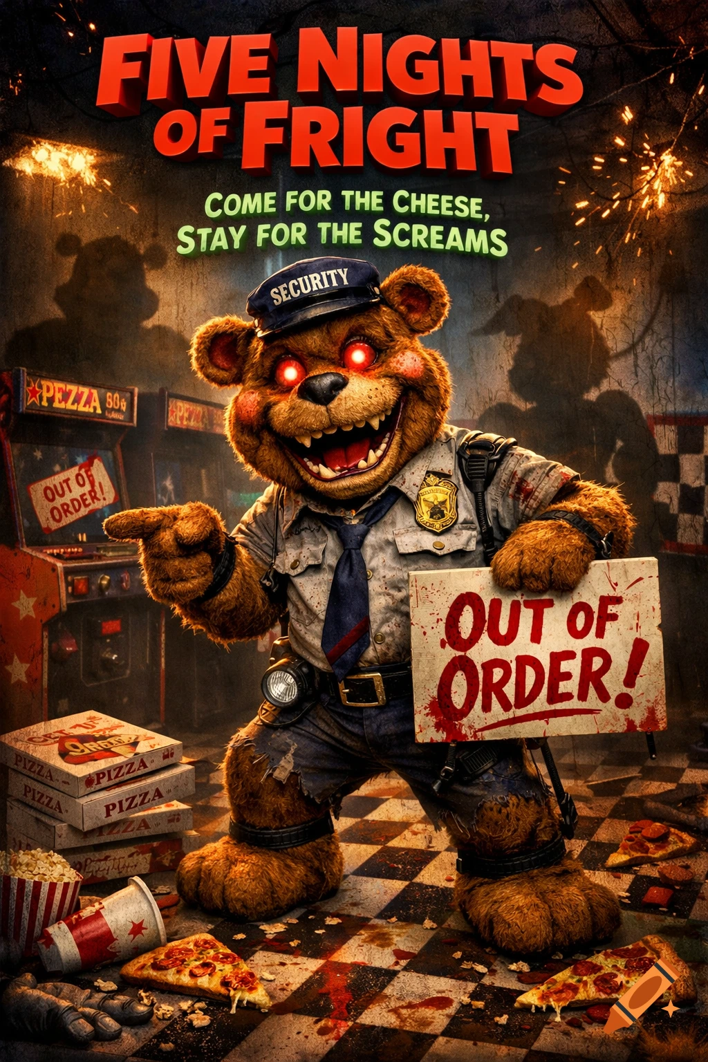 A horror movie poster parody featuring a grinning animatronic bear security guard with glowing red eyes amidst a messy arcade, holding an 'OUT OF ORDER!' sign.